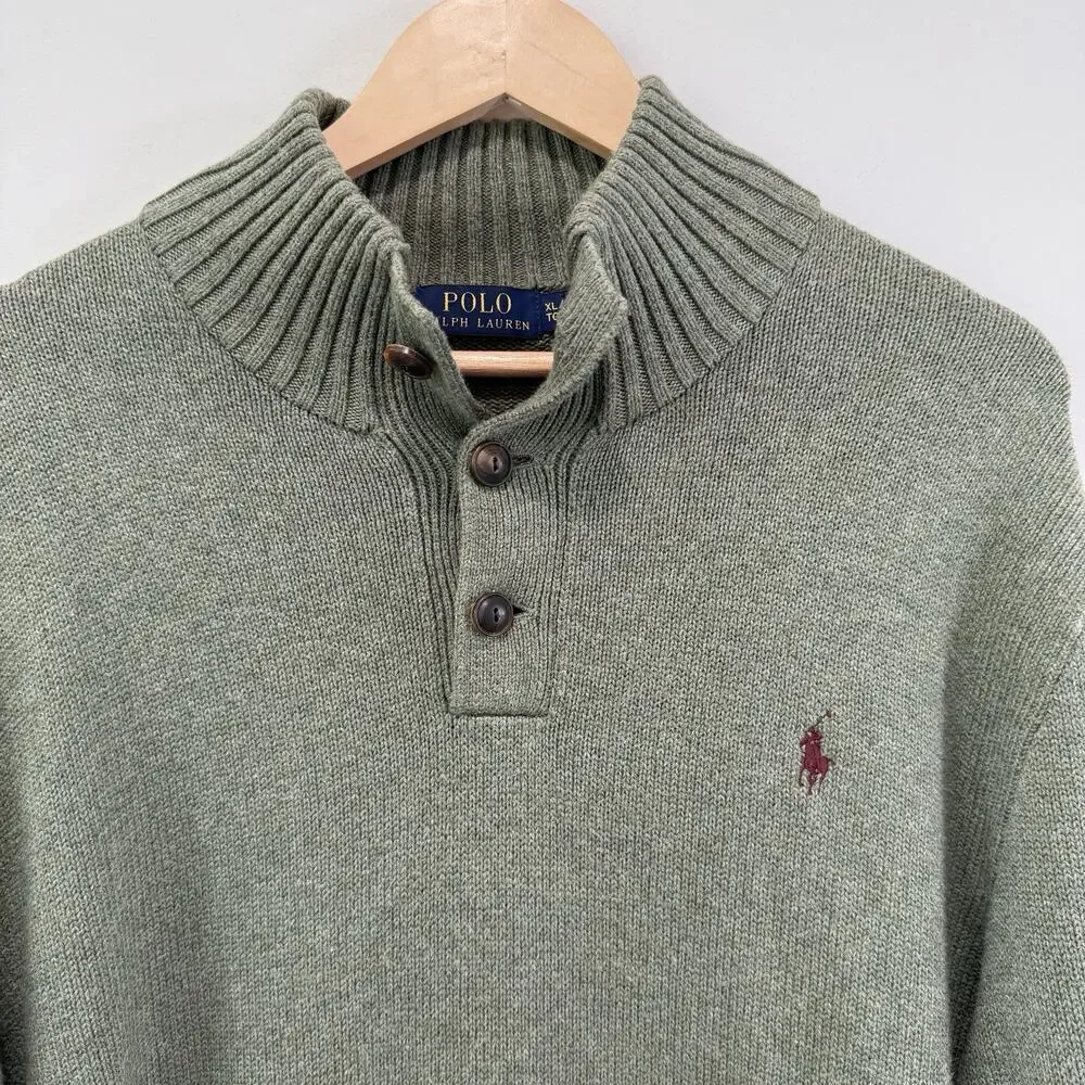 Polo Ralph Lauren Mens Sz XL Button Mock Neck Army Green Cotton Pullover Sweater